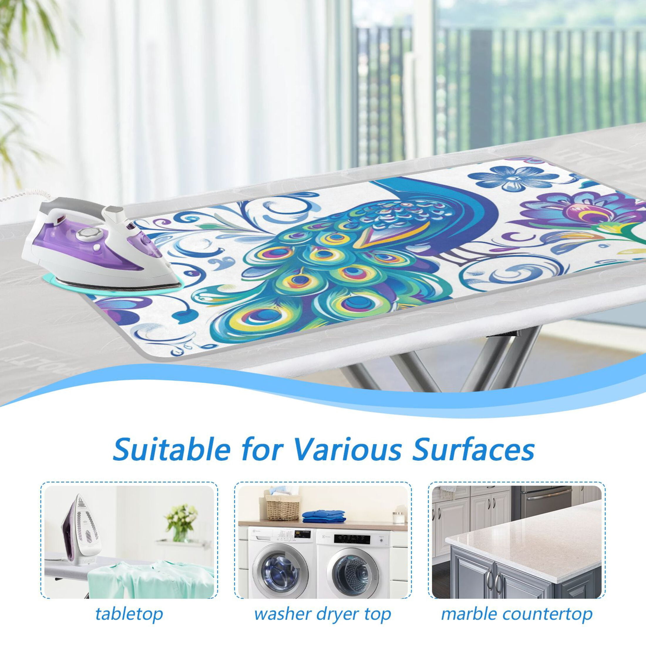 Peacock Elegant Flowers Hand Painted Ironing Mat Blanket Portable Travel Ironing Pad Heat Resistant Pad 47.2" x 27.6”
