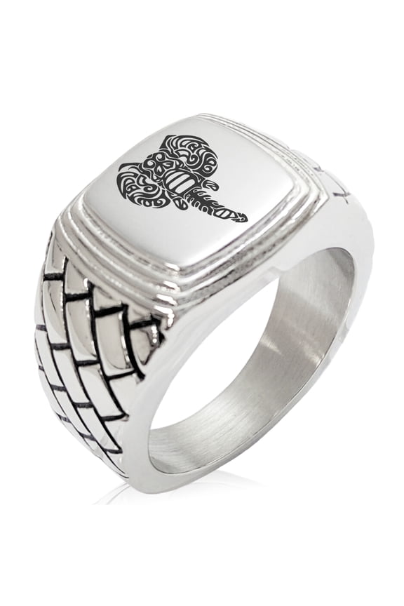 Stainless Steel Juggernaut Elephant Geometric Pattern Step-Down Biker Style Polished Ring