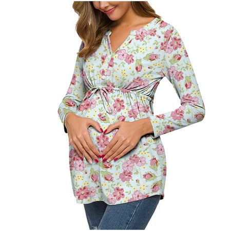 

Women s Maternity Tunic Tee Shirt Ladies Fashion Flowers Leaf Print Long Sleeve Waistband Maternity Breastfeeding Clothe Top