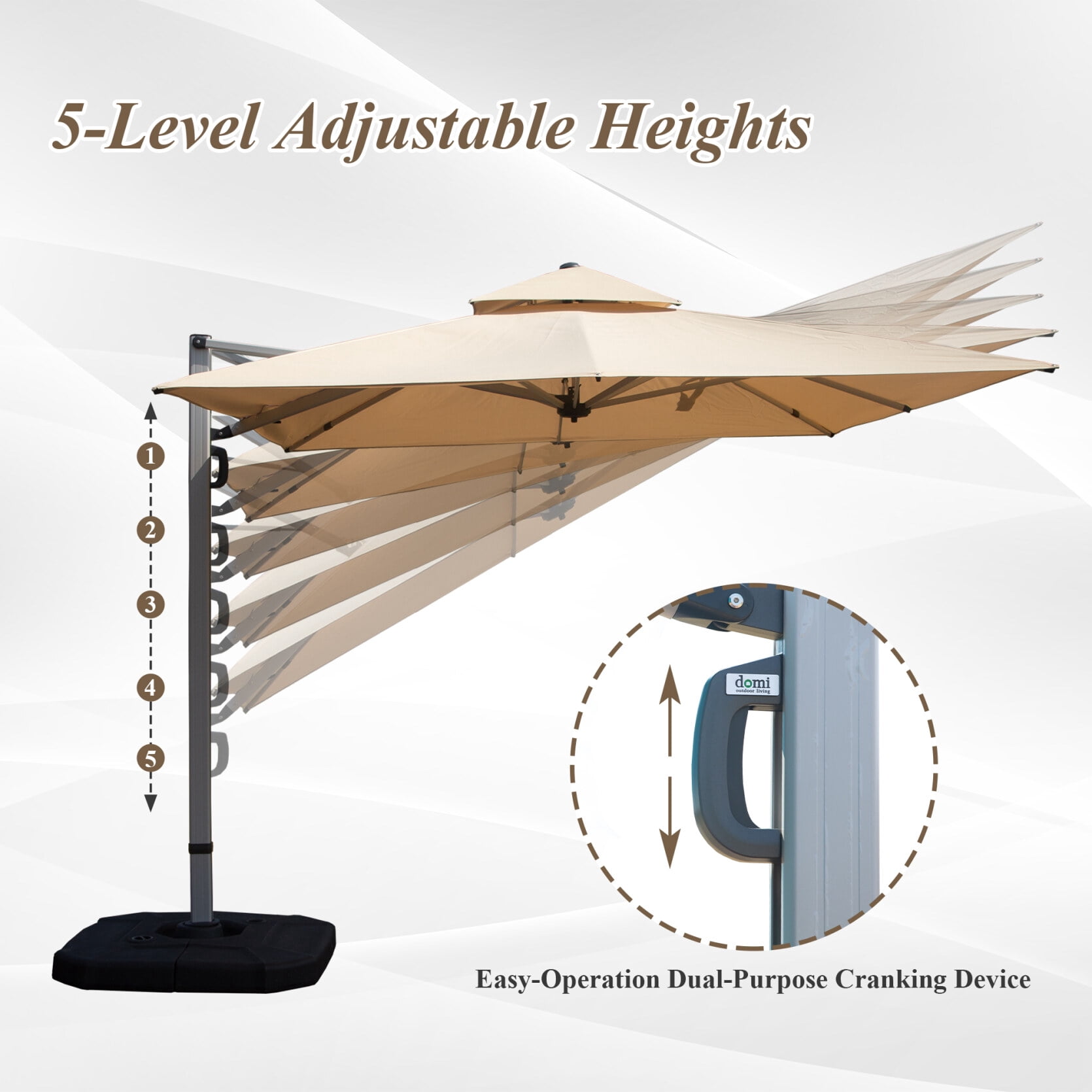 9ft Offset Cantilever Patio Umbrella, 360° Rotation Square Market Umbrella with 5-Position Tilt, 2-Tier Outdoor Table Umbrella with 9 Sturdy Ribs for Backyard, Pool, Beige (No Base)