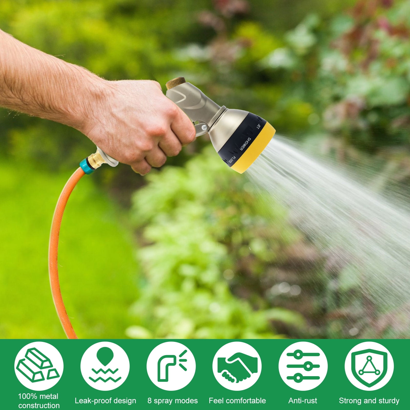 CIVG Garden Hose Spray Nozzle Heavy Duty Metal Water Hose Pipe Sprayer with 8 Adjustable Patterns High Pressure Water Hose Spray Head for Plant Watering Car and Pet Washing