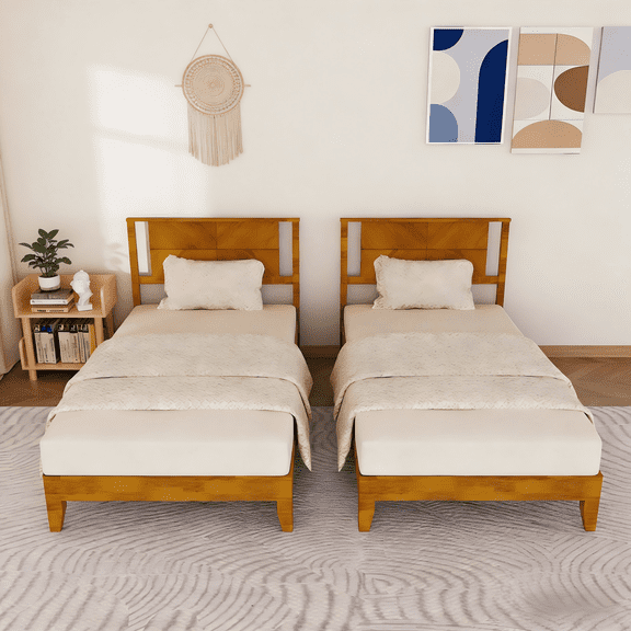 Ktaxon Twin Set of 2 Wooden Bed Frame, Platform Bed with Headboard & Slats Support, Brown