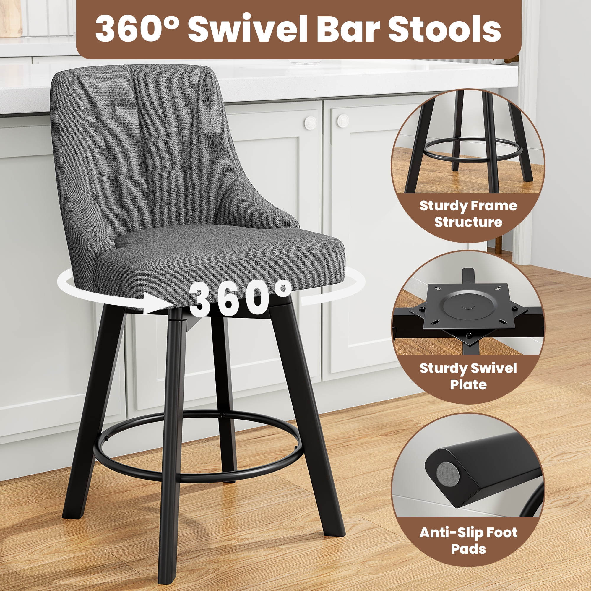 LainTene 24" Counter Height Swivel Bar Stools Set of 3, Fabric Upholstered Counter Barstools with Solid Wood Legs and Backs for Kitchen Island, Home Bar