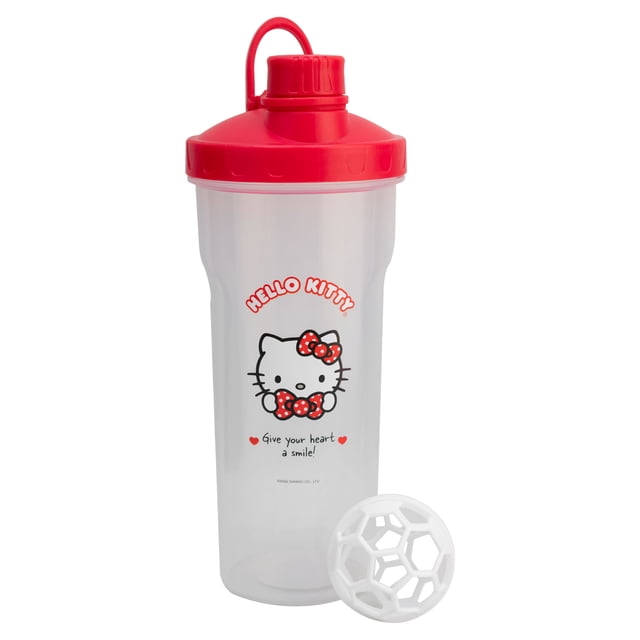 Vaso Shaker Deportivo con Tapa Roja, Diseño Hello Kitty, Incluye BolaShaker de Plástico, Capacidad 700 Ml