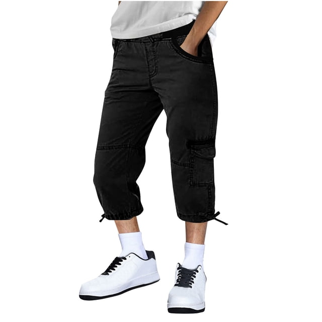 Capris, Mens Fashion Solid Drawstring Elastic Waist Pocket Casual Sweat Capris Pants