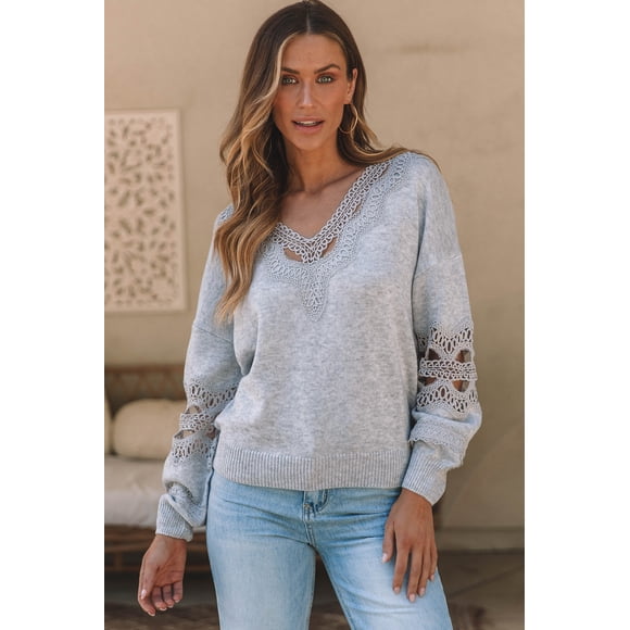 a.Jesdani Soft Gray Lace Sweater: Chic V-Neck Knit - Perfect Comfort!