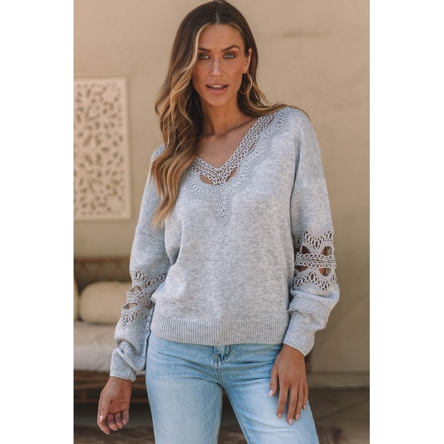 a.Jesdani Soft Gray Lace Sweater: Chic V-Neck Knit - Perfect Comfort!