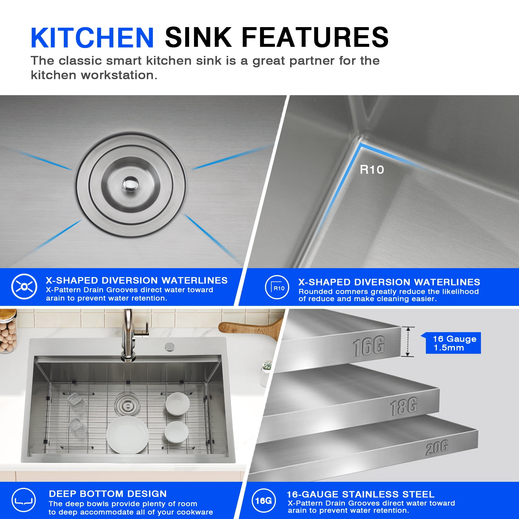 VsusKoos Kitchen 33" Top-Mount Sink, 304 Stainless Steel Deep Basin, 16-Gauge Thickened, Includes Cutting Board/Drain Rack/Colander