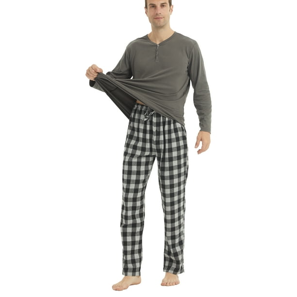 LANBAOSI Men Pajama Set Long Sleeve Henley Microfleece Shirt And Male Plaid  Flannel Pants Soft Comfy Sleepwear Loungewear Size M 