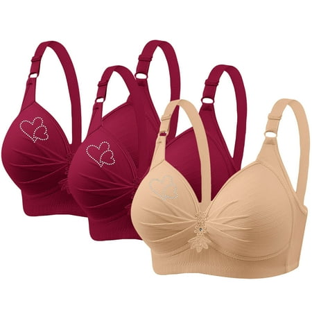 3 Pack Sports Bras for Women Comfortable V-Neck No Underwire Push up Bra with Adjustable Strap Breathable Soft Bras Woman s Rhinestone Printing Gathered Large Size Daily Bra Underwear Tops Beige L
