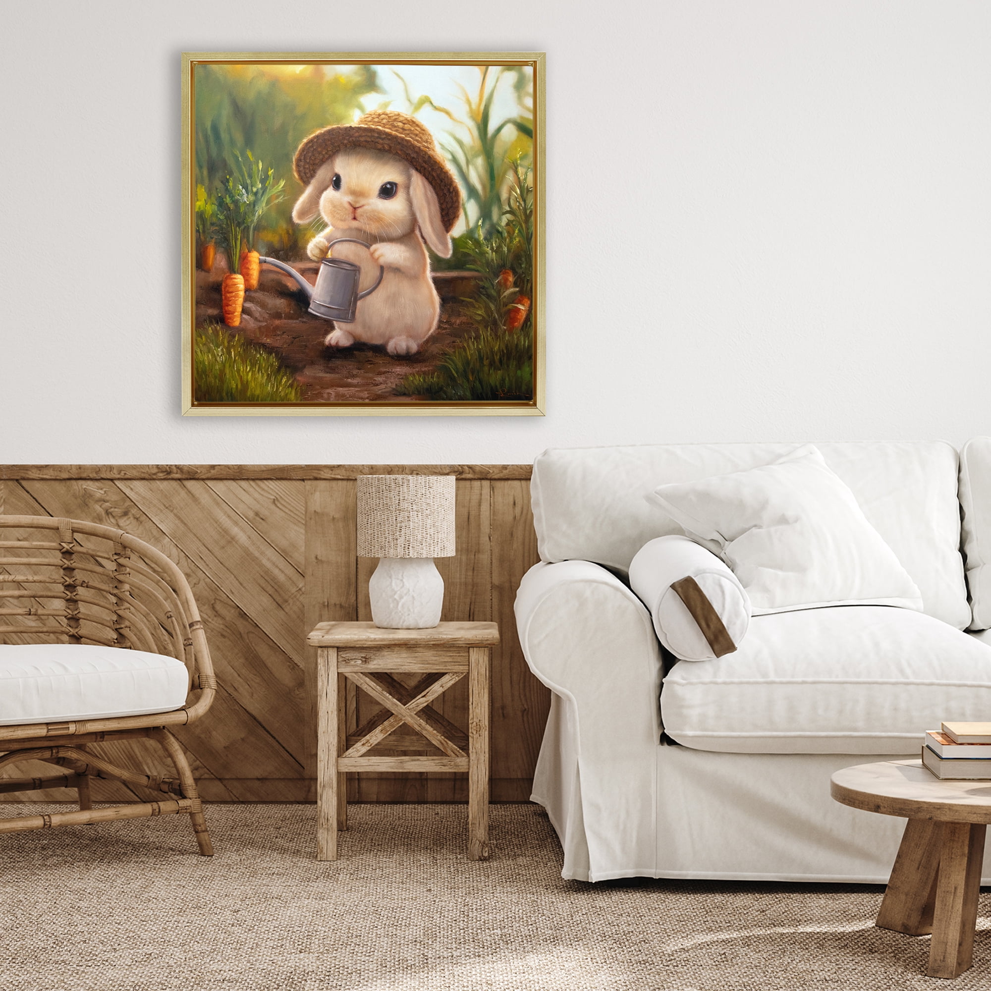 Stupell Industries Bunny with Carrot Garden Gold Framed Floater Canvas Wall Art, design by Lucia Heffernan