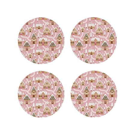 

Fuzoiu Gingerbread Houses Pink Wonderland Print Leather Coasters Set Drink Coasters Set of 4 for Tabletop Protection Durable PVC Coasters Home Décor and Housewarming Gift-Round Shape