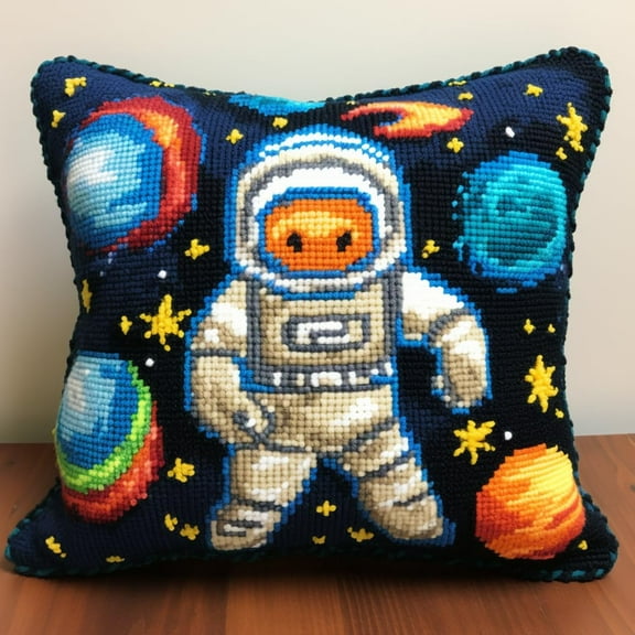 Astronaut Planet Latch Hook kits Pillow Cover Printed Canvas DIY Cushion Crochet Yarn Needlework Hook Latch Kit Embroidery Pillowcase Rug Home Sofa Christmas Decoration 43x43cm(1)