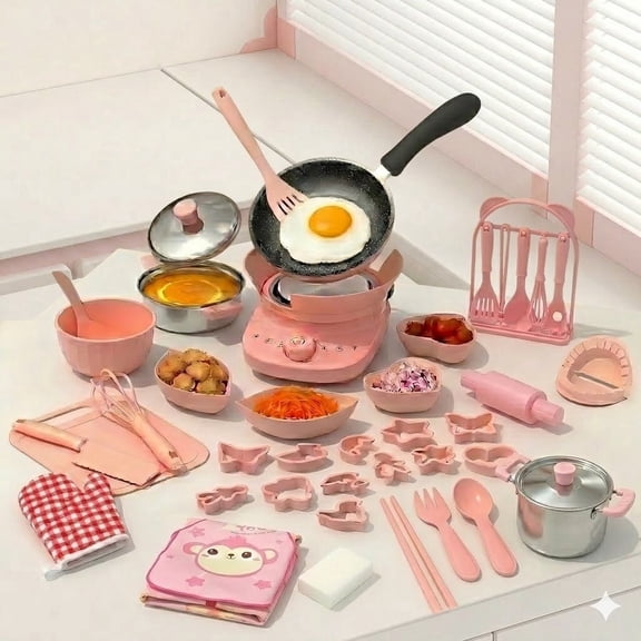 42 Pcs Kid Cooking Sets Real Mini Kitchen, Food Making for Beginner Children 8 9 10 11 12 Boys Girls Cooking Educational Toys, Junior Easy Safe Montessori Tools Dishes Knife Set-Pink(gift pack)