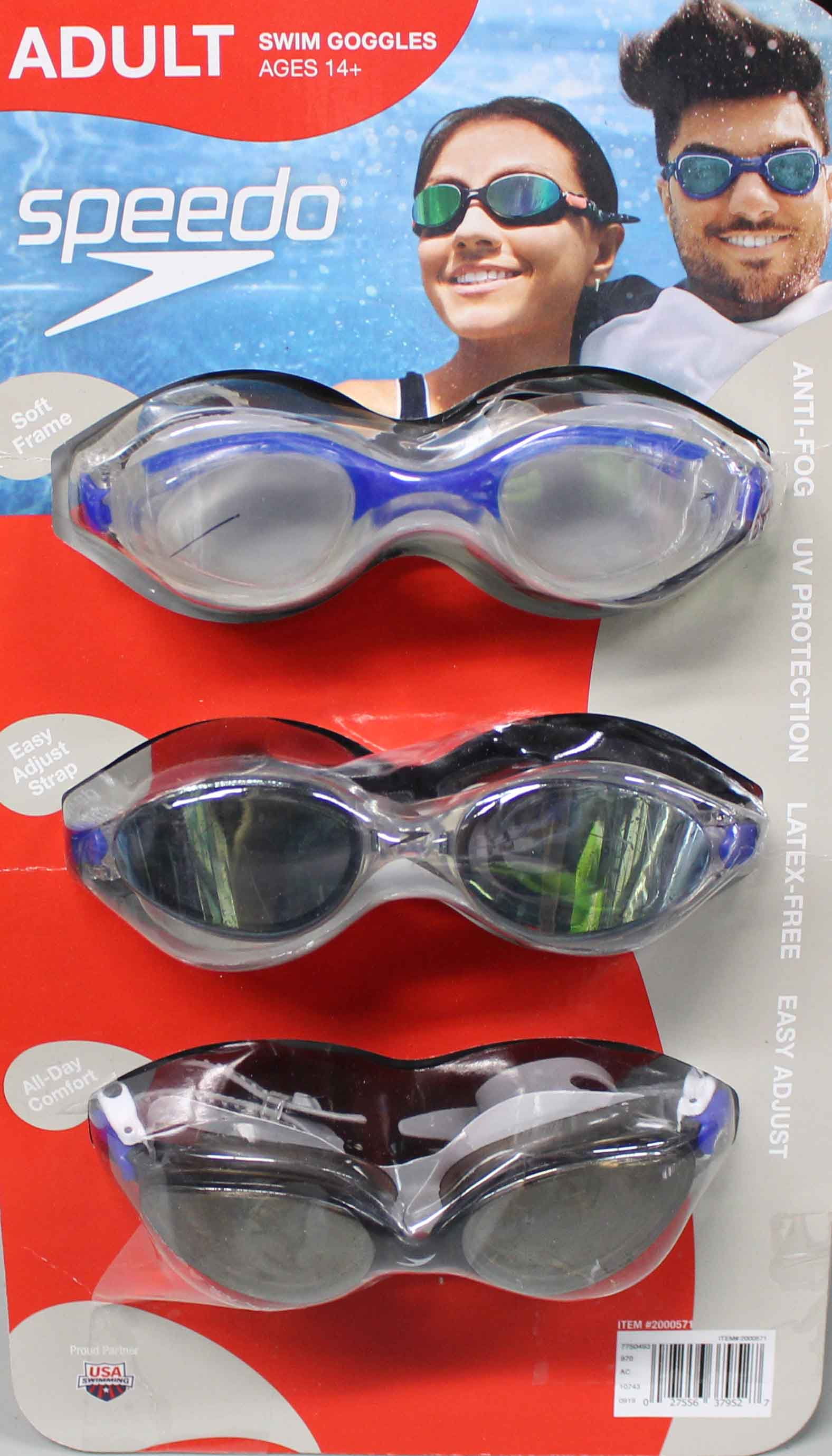 Speedo Adult Swim Goggles UV and Anti-Fog Protection Latex Free 3-pack Age 14+ 