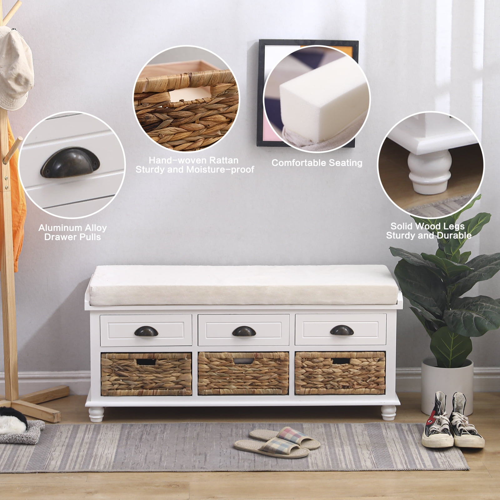 Kepooman Storage Bench Cube, Removable Cushion Storage Chest with 3 Drawers & 3 Rattan Baskets for Entryway, Hallway, Living Room, Bedroom, White Kepooman Storage Bench Cube, Removable Cushion Storage Chest with 3 Drawers & 3 Rattan Baskets for Entryway, Hallway, Living Room, Bedroom, White