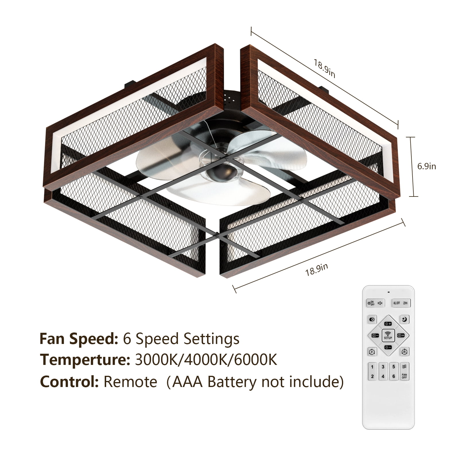 18.9”Wood Grain Brown Square Ceiling Fan with LED Light and Remote Control