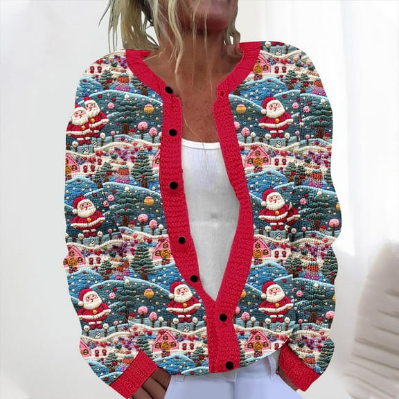 Fznquz Womens Summer Cardigan Fall Long Sleeve Sweater Christmas Multicolor Button Down Soft Womens Fashion