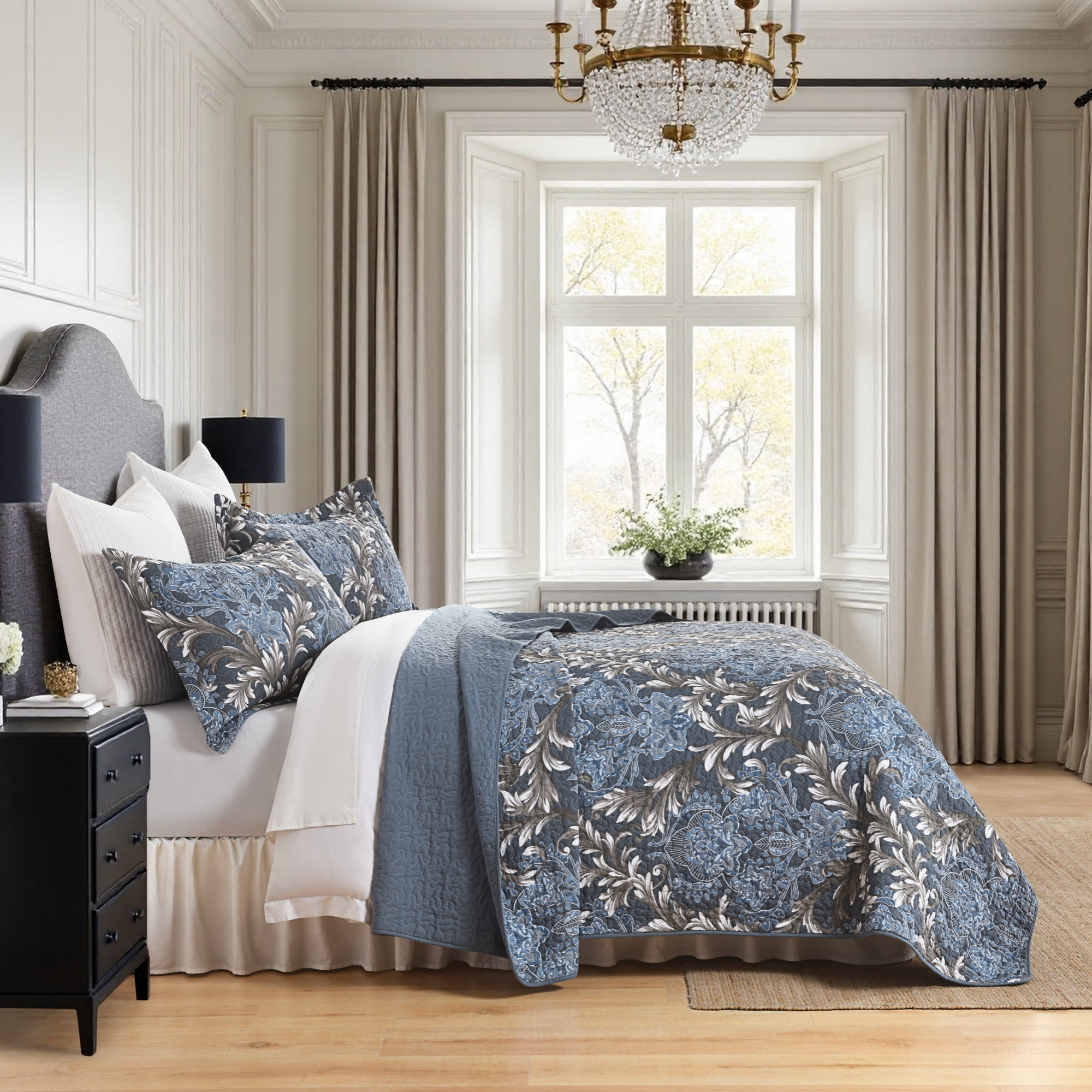 BCOTTOND Floral Quilt Set Queen Size- 100% Cotton Pre-Washed Luxury Coverlet with 2Pillow Shams - Reversible Dimensional Botanical Bedspread(Blue/Grey)