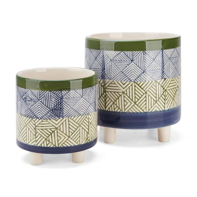 IMAX Z26391-2 Basim Footed Ceramic Planters - Blue, Set of 2