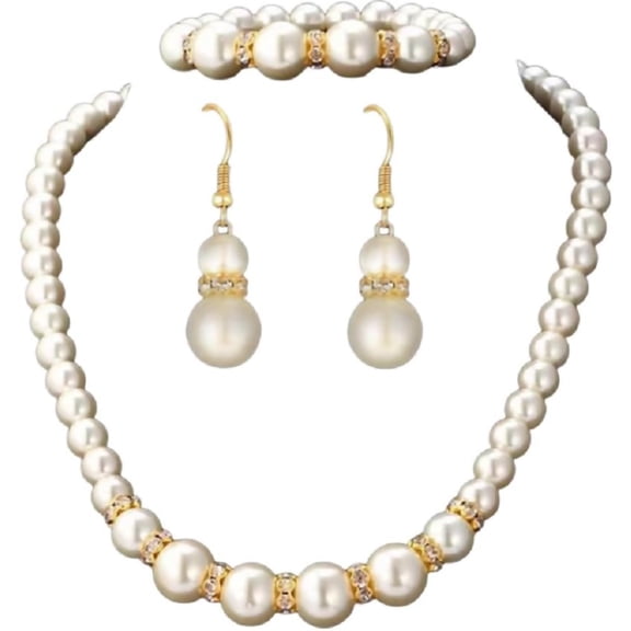 Zephyriana 3 Pcs Set Elegant Pearl Round Beads Imitation Pearl Acrylic Necklace Earrings Bracelet Sparkling Crystal Jewelry for Women Wedding Engagement Jewelry Set