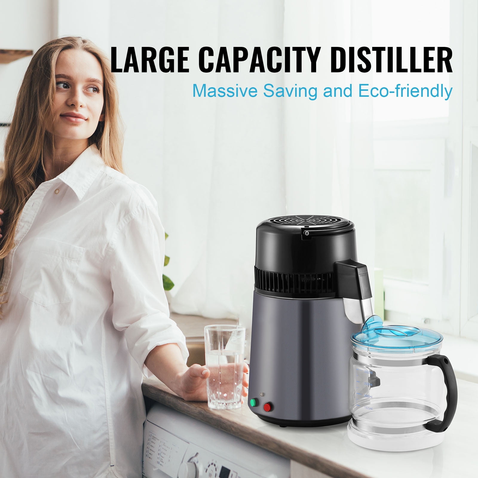 KFFKFF Water Distiller, 4L Capacity for Home Use, 750W Power, Stainless Steel Inside, Countertop Water Filtration System, Produces Pure Distilled Water, Grey