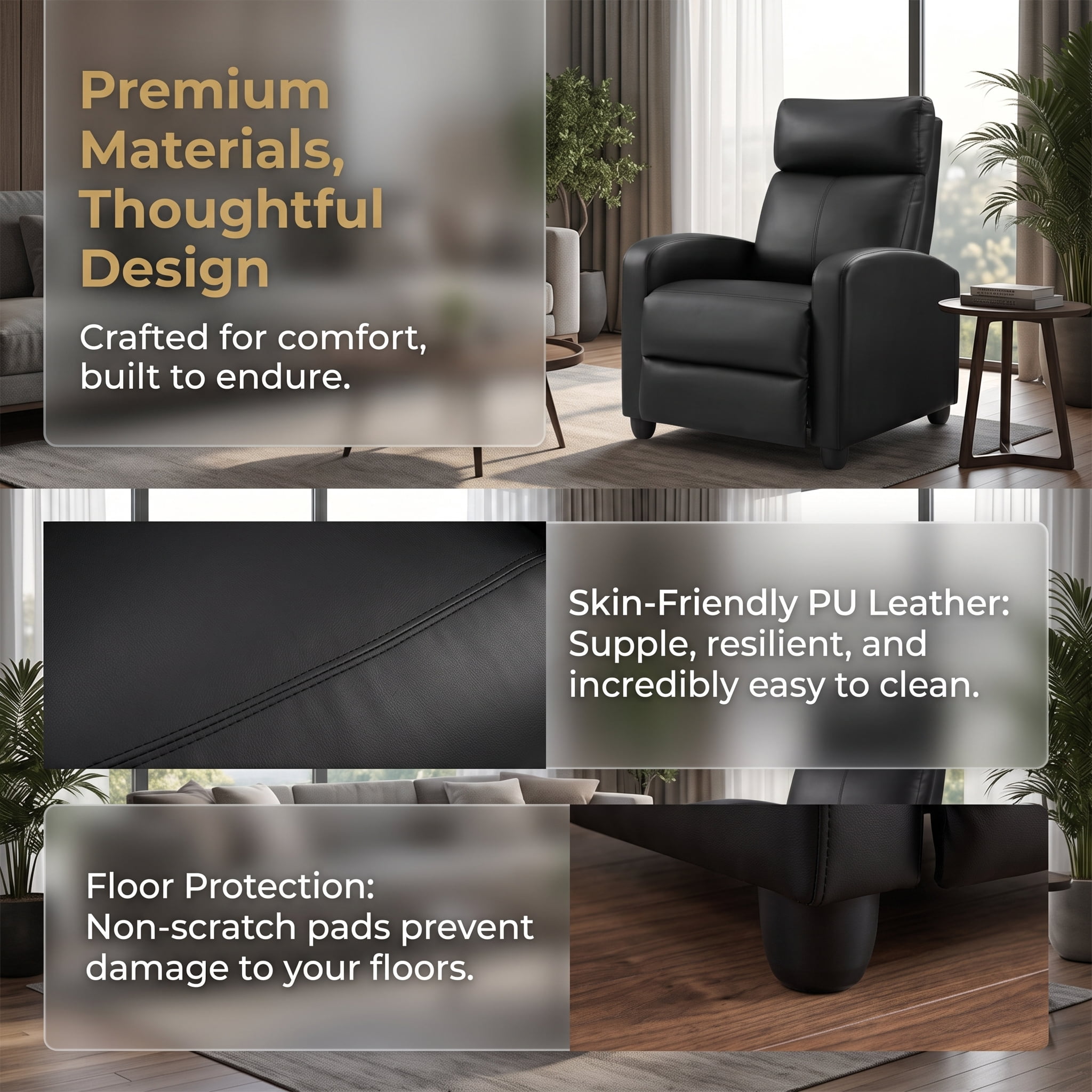 Manual Recliner Chair, PU Leather Upholstered Armchair Accent Sofa with Pop Up Footrest High Density Foam Padding for Small Spaces Living Room Bedroom