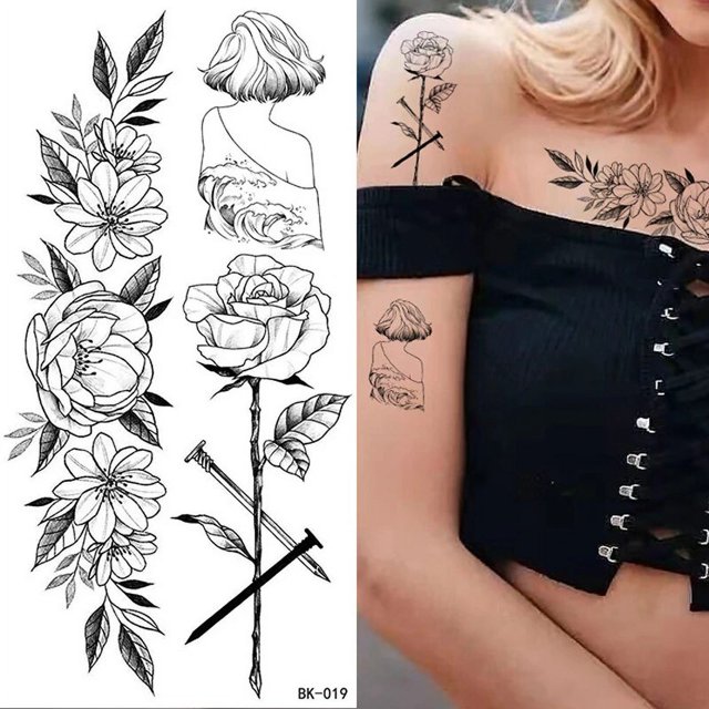Pegatinas de tatuajes temporales de flor de Rosa, tatuajes de flor para cuerpo, pierna, brazos, cuello, espalda, piel de flor extraíble