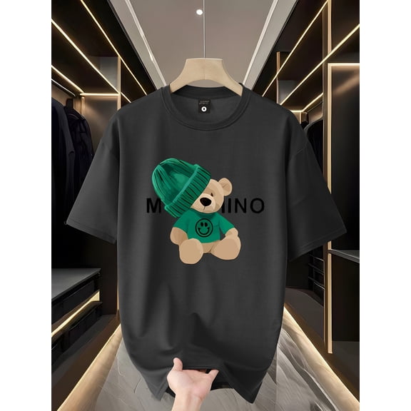 Men's Casual Short Sleeve T-Shirt with Playful Teddy Bear & "MAMINO" Graphic Print - Olive Green 100% Polyester, Relaxed Fit, Lightweight 180gsm Summer Tee, Machine Washable