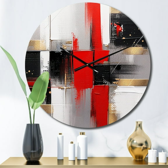 Designart "Cubic Abstract in Red and Gold I" Cubism Oversized Wall Clock