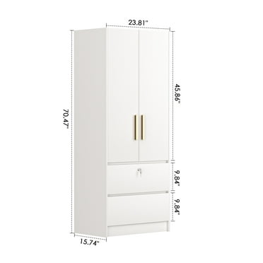 Nathaniel Home Freestanding Wardrobe Cabinet, 2-Door Armoire with 2 Drawers, Wardrobe Closet Organizer with Hanging Rod, Bedroom Armoire Wardrobe Closet White