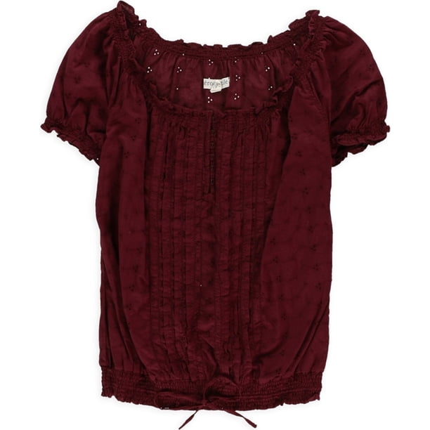 Aeropostale - Camiseta henley con volantes y ojales para mujer, color rojo, pequeña Aeropostale henley