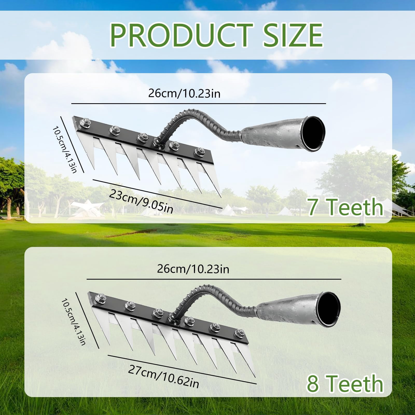 Teeth Carbon Steel Garden Weeding Rake, Detachable 7/8 Teeth Heavy Duty Tool for Yard Farm Lawn Weeding