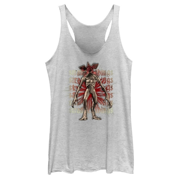 Netflix Women's Stranger Things Demogorgon Monster Logo Stacked Racerback Tank Top White Heather Medium