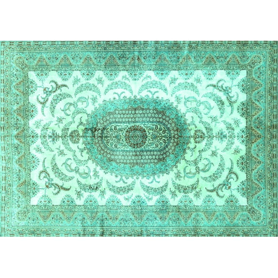 Ahgly Company Machine Washable Indoor Rectangle Medallion Turquoise Blue Traditional Area Rugs, 8' x 12'