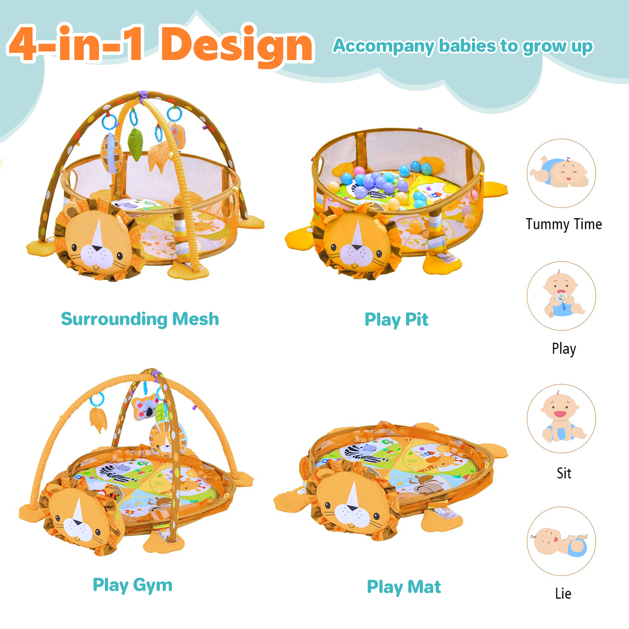 KOPPOP 3-in-1 Baby Play Gym with Ocean Ball Pit, Safari Theme photo 2