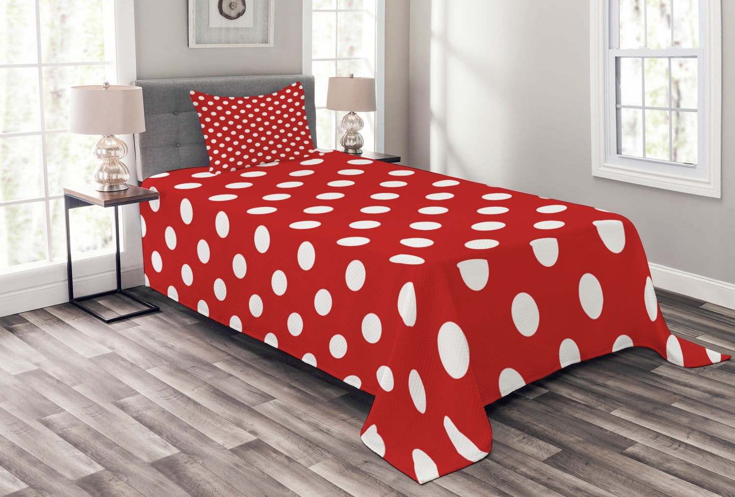Retro Bedspread Set Twin Size, Vintage Polka Dots with Big White