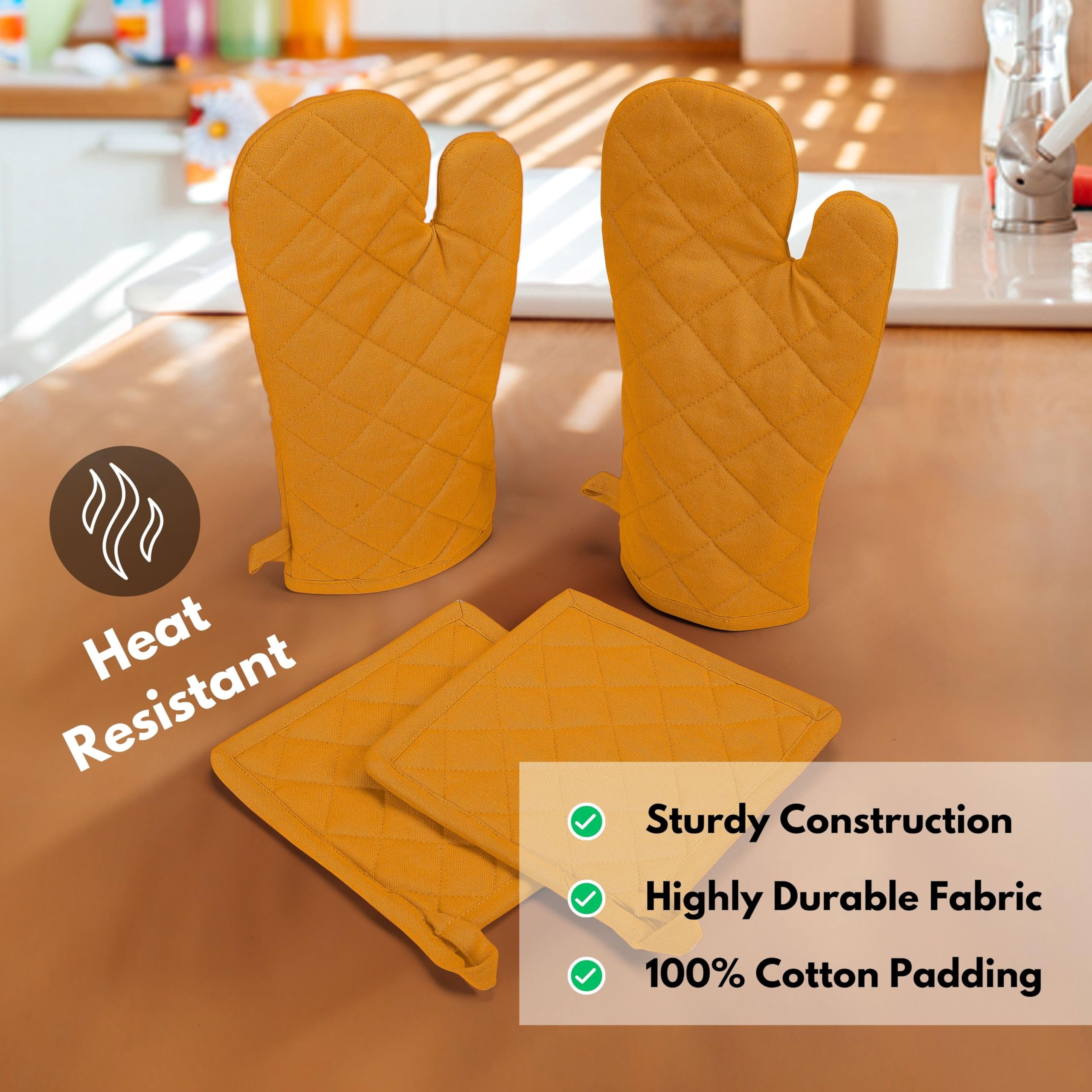Native Fab Oven Mitts & Potholders Set, Heat Resistant, 100% Cotton, Quilted Design, Non-Slip Grip, Ideal for Baking, Cooking, BBQ, Kitchen Protection - Mustard Yellow