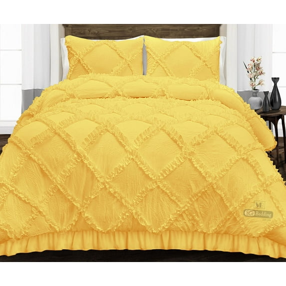 SGI Full Diamond Ruffle Comforter Set Microfiber 3 Piece Golden