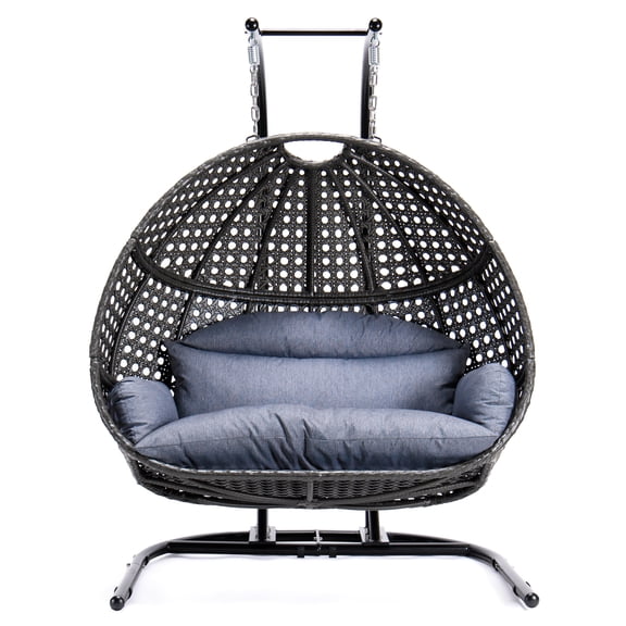 Charcoal Double Hanging Swing Chair With Stand And Cushion - Ultra- Materials, Powder Coated Frame, Fits 2 Persons Comfortably Blue Pad For Patio , Strong Iron Outdoor Furniture