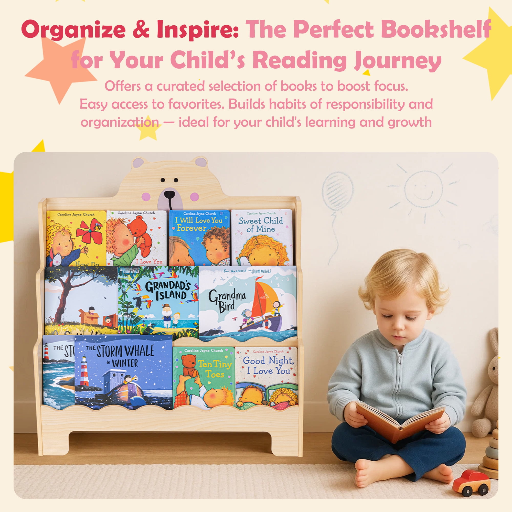 Kids Wooden 3-Tier Bookshelf with Scalloped Edges, Front-Facing Book Display, Montessori Toddler Book Rack & Book Shelves for Kids Room, Nursery, Bedroom, Classroom