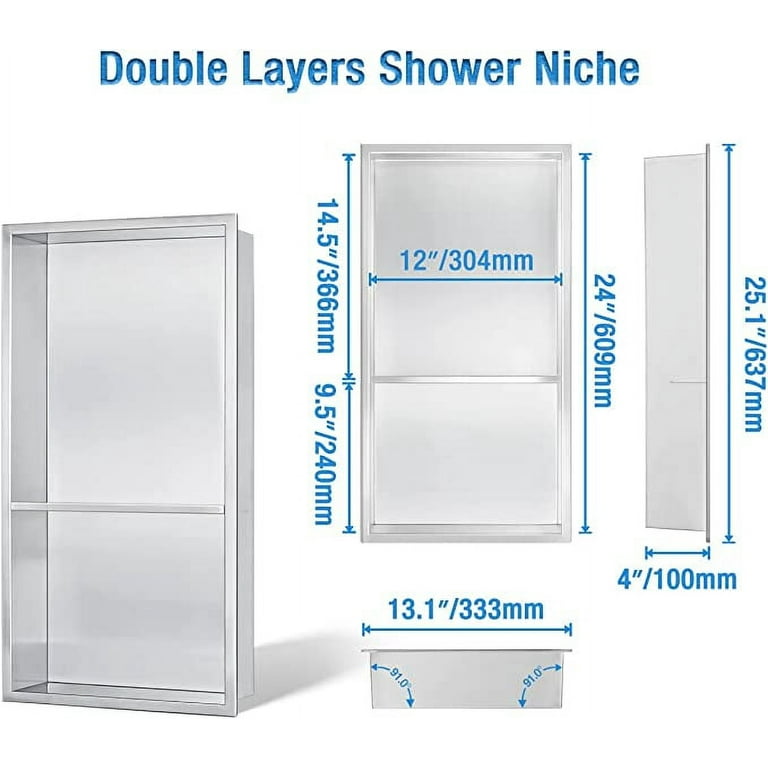 Lordear 12 x 12 Shower Niche No Tile Needed Recessed Shower Shelf  Stainless steel for Bathroom Storage