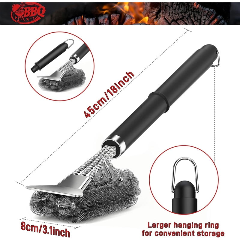 18-inch BBQ Brush and Scraper - Three rows of reinforced stainless steel bristles - Best heavy-duty outdoor BBQ brush for all types of grills - 18-inch long BBQ brush handle