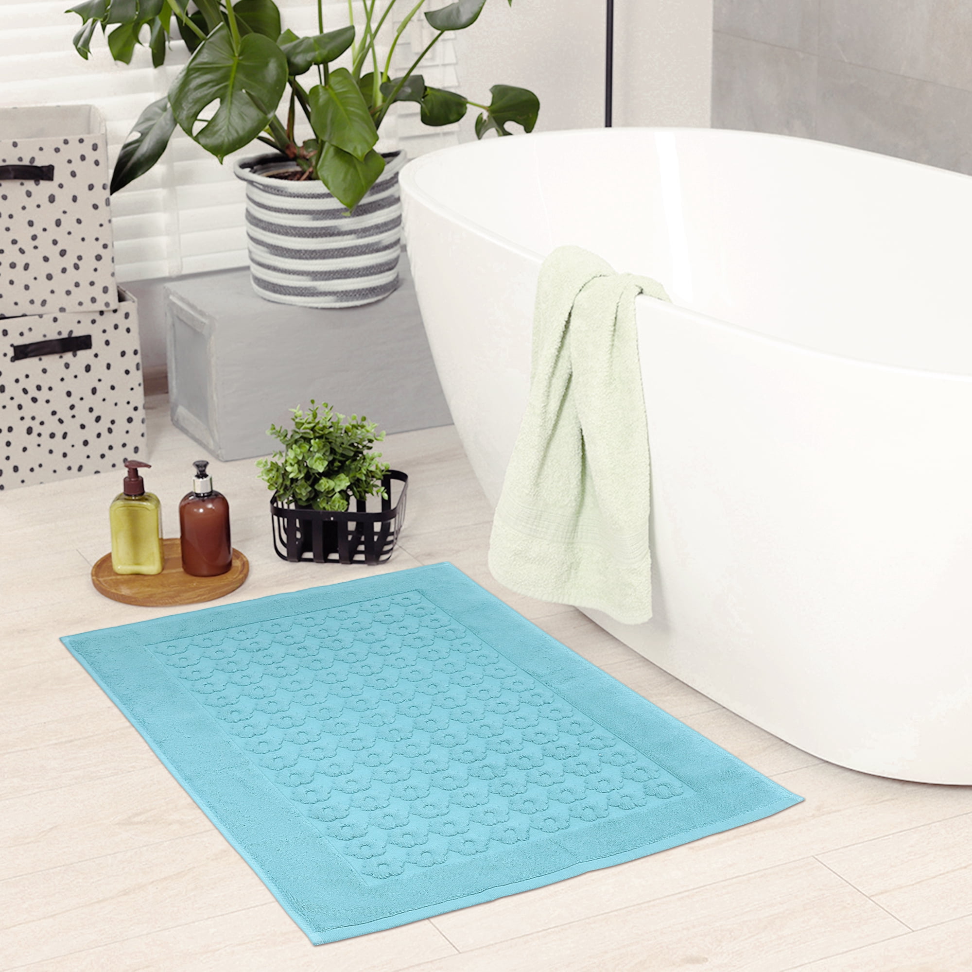 REGALWOVEN Luxury Bath Rug Towel, Cotton Absorbent Hotel Spa Shower Floor Mat for Bathroom Blue 20" x 32"