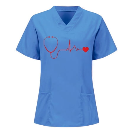 

Cakiesky Scrub Uniforms for Women Quick Dry V-Neck Printed St Patricks Day Nurse Scrub Tops with Pocket Blue M