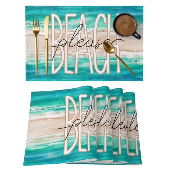 Summer Teal Green Ocean Waves Placemats Set of 6,Wipeable Washable Table Mats for Dining Tables, Gradient Seaside Beach Place Mats for Kitchen Event Party Tabletop Decor