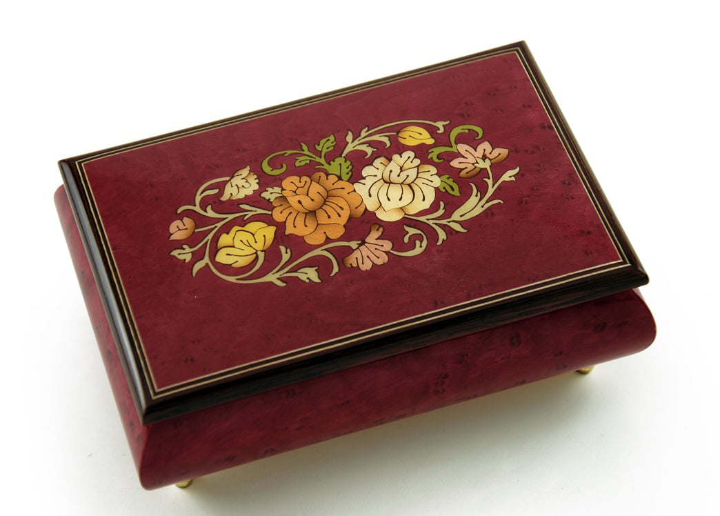 Music Box Made in Italy Vintage Wood Jewelry Box Inlay Flower Design Wooden Keepsake Box