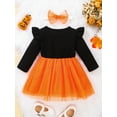 thumbnail image 4 of Wassery 2 Pcs Baby Girl Halloween Dress Outfits Long Sleeve Letter Printed Mesh Patchwork Ruffles Decor Dress + Bow-Knot Headband Set for 0-24M Newborn Kids, 4 of 9