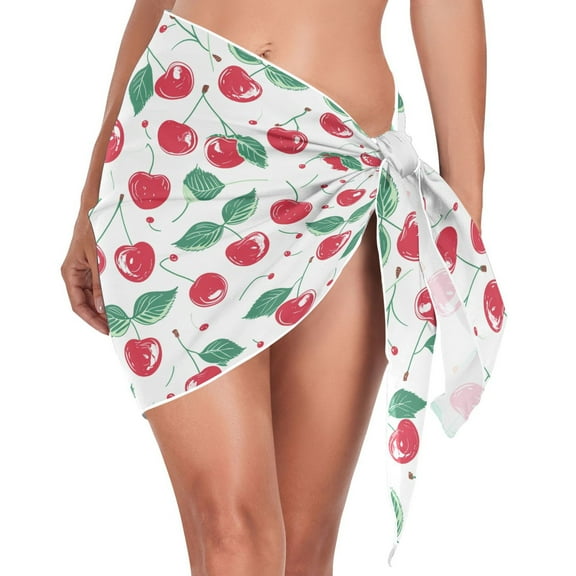Beach Mini Dress Cherry Fruit with Leaf Swimsuit Coverup for Women Swimwear Cover Ups Short Triangle Beach Skirt S