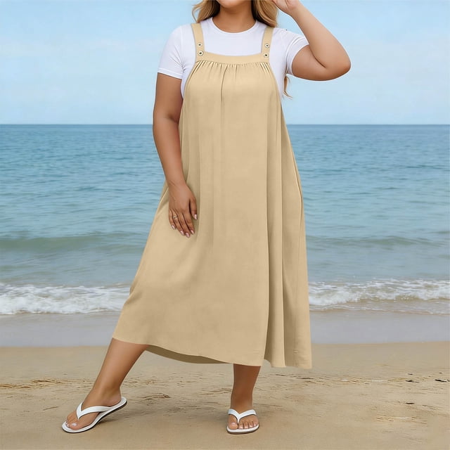 XiYing Robes pour Femmes, Robe Maxi Décontractée de Mode pour Femmes Grande Taille à Encolure Carrée avec Boutons, Bretelles, Dos Plissé et Détails de Buste,